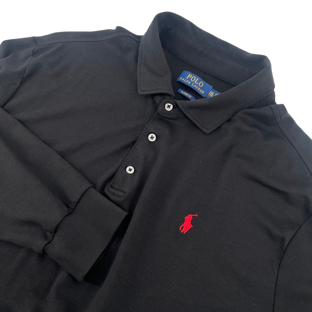Polo Ralph Lauren Mens XXL Black Long Sleeve Polo Shirt Red Pony Classic Fit - Picture 1 of 9